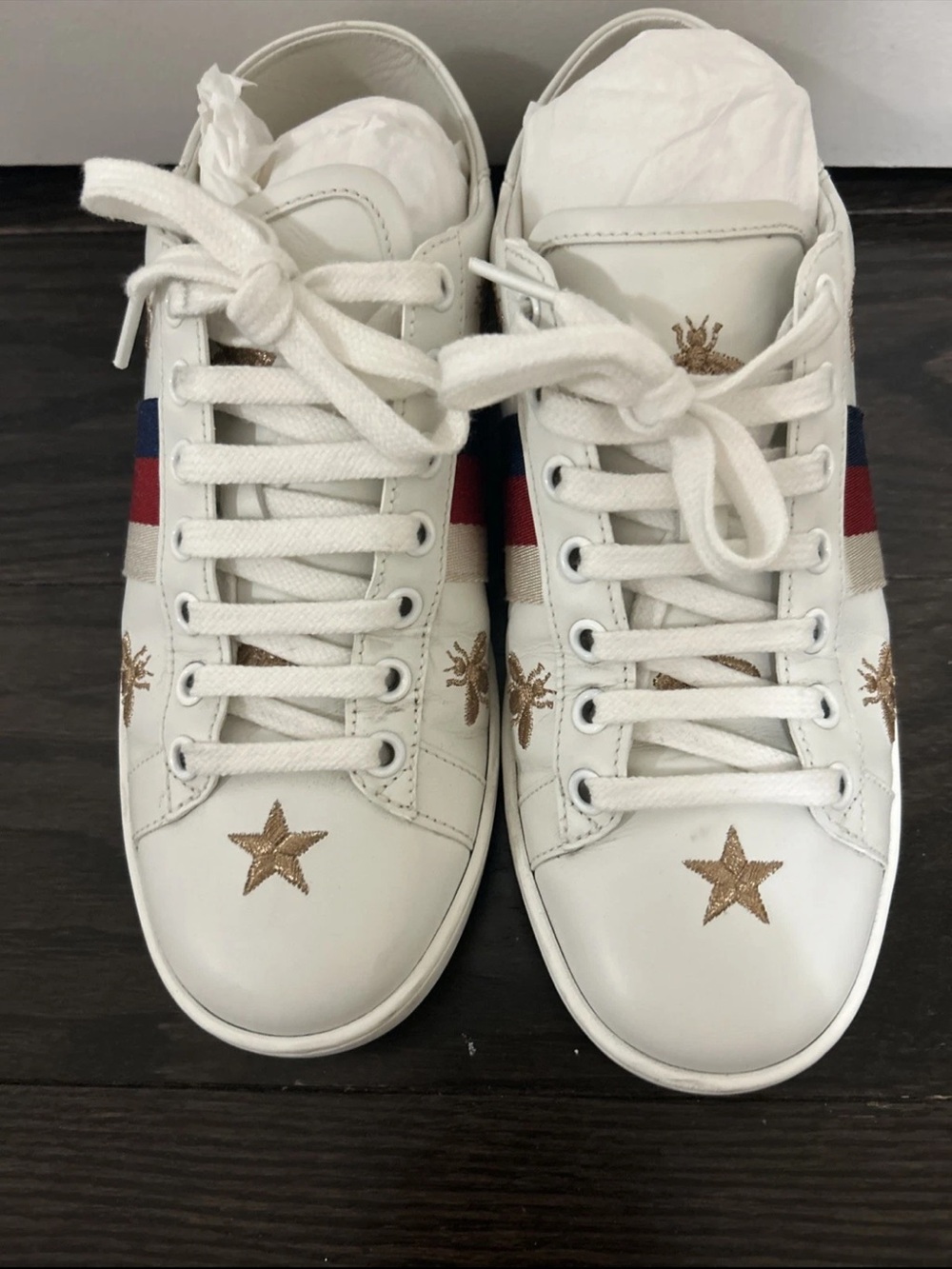 Gucci Ace White Leather Bees & Stars Sneakers Womens Size 36